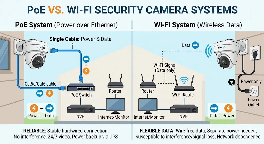 PoE vs. Wi-Fi-Sicherheits kameras: Was ist besser für Ihr Unternehmen im Jahr 2026?